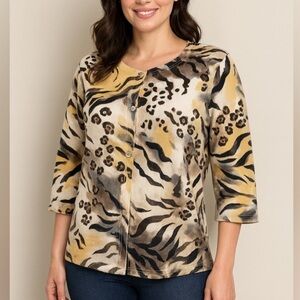 Onque Petite Animal Print Button Front Cardigan Size L 3/4 Sleeve